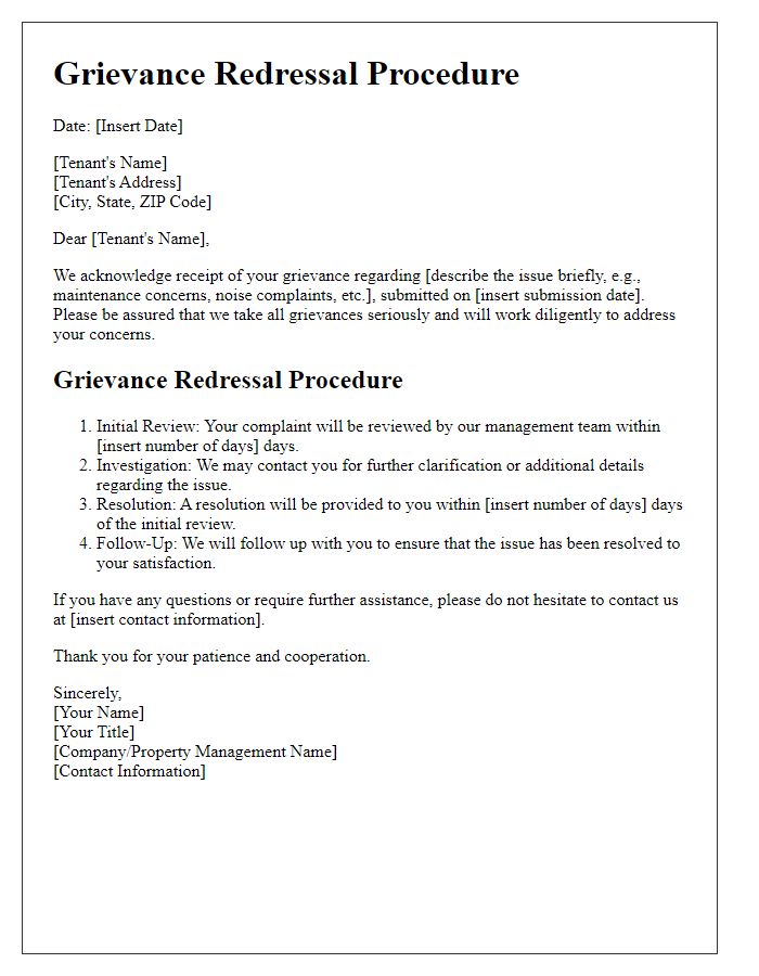 Letter template of grievance redressal procedure for tenants.