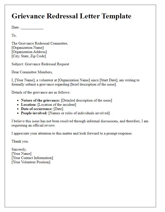 Letter template of grievance redressal procedure for volunteers.