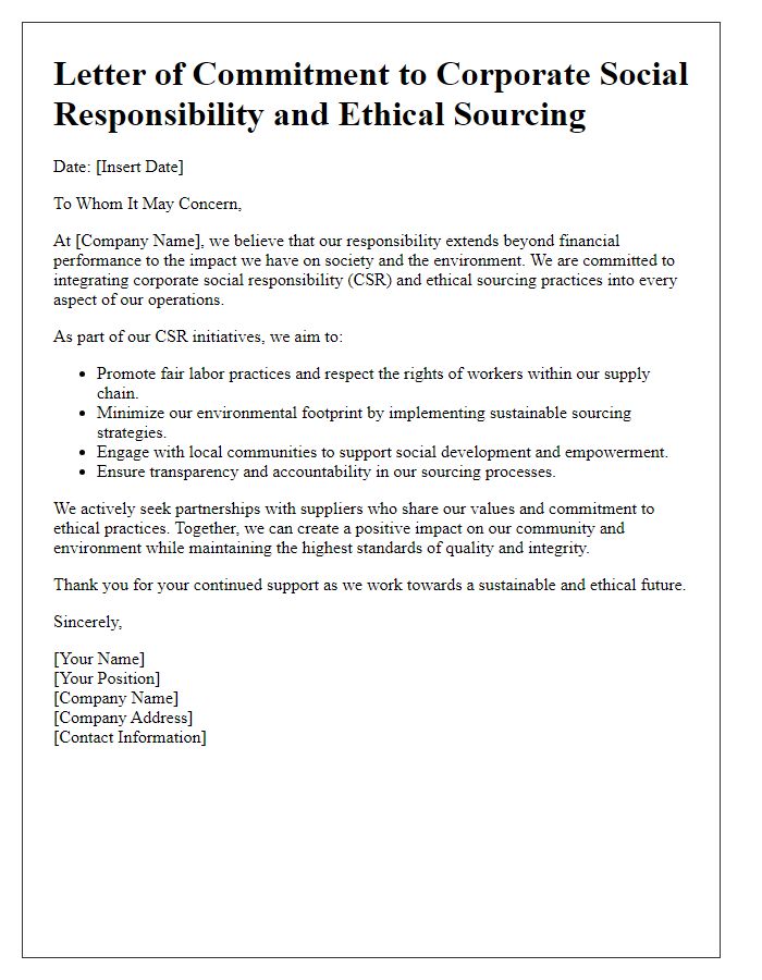 Letter template of corporate social responsibility and ethical sourcing integration