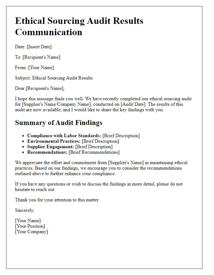 Letter template of ethical sourcing audit results communication