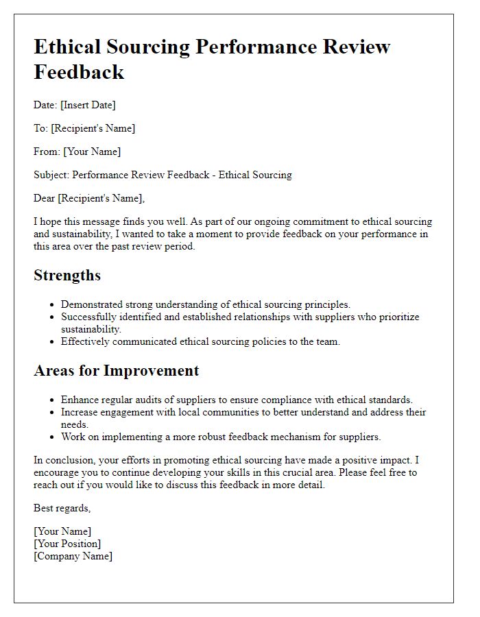 Letter template of ethical sourcing performance review feedback