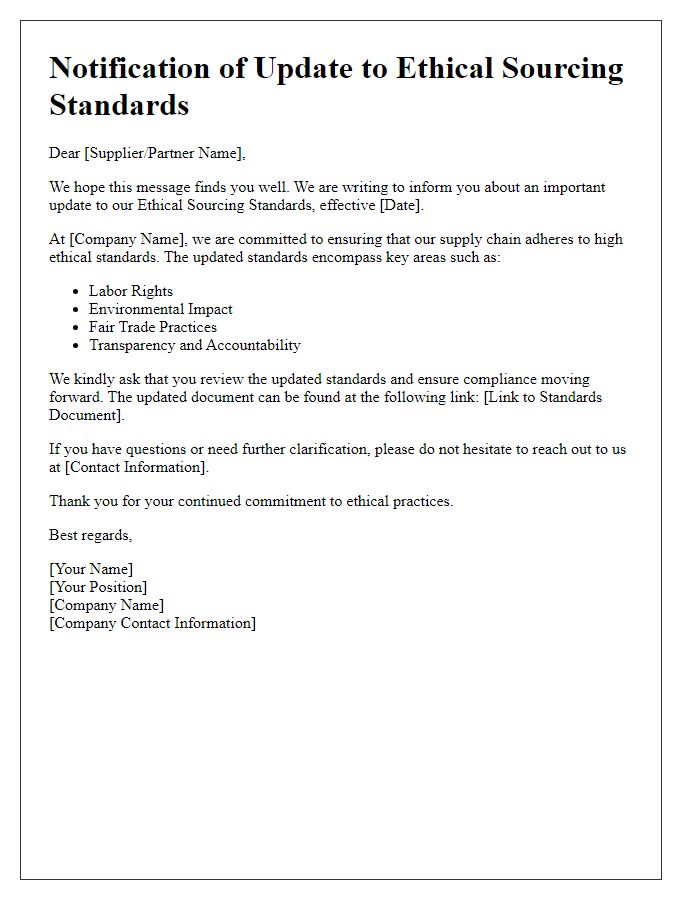 Letter template of ethical sourcing standards update notification