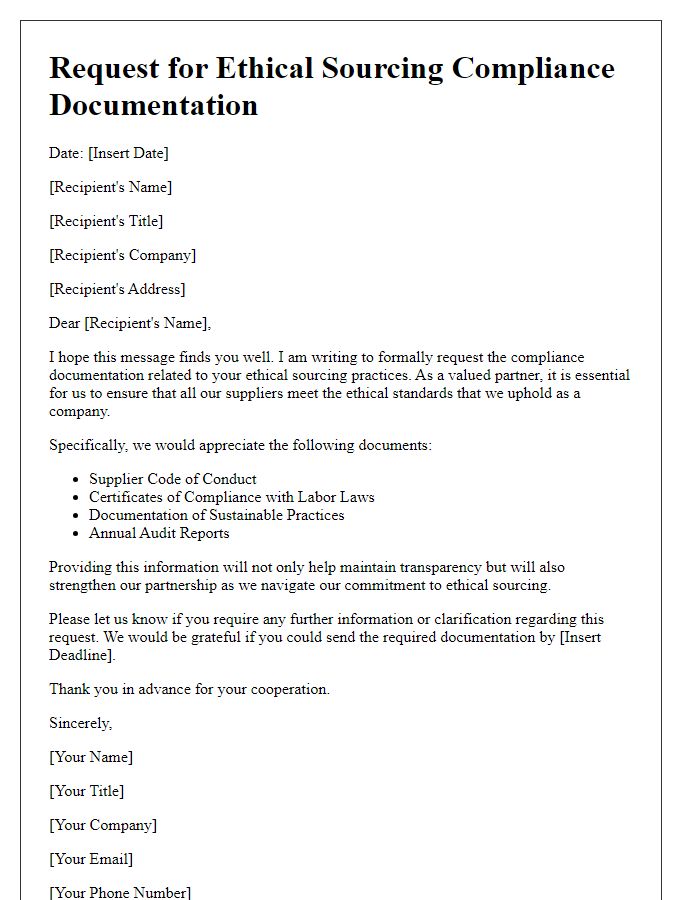 Letter template of request for ethical sourcing compliance documentation