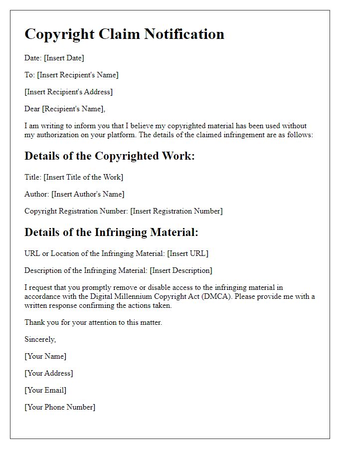 Letter template of copyright claim notification