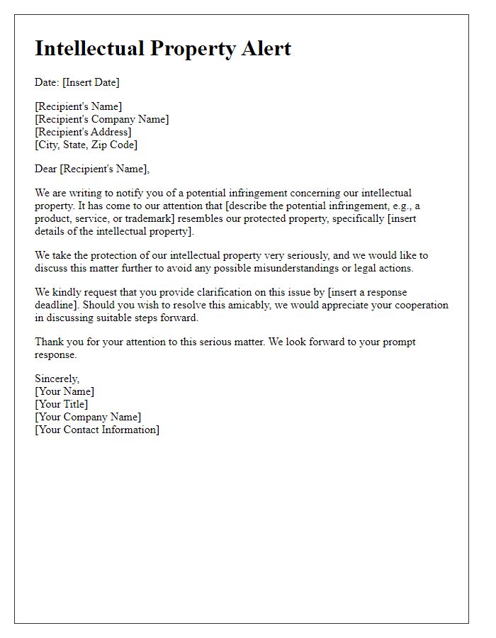 Letter template of intellectual property alert for potential infringement