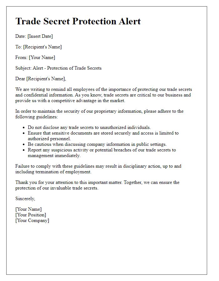 Letter template of trade secret protection alert