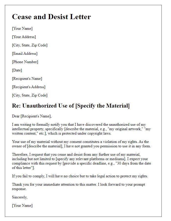 Letter template of unauthorized use cease and desist