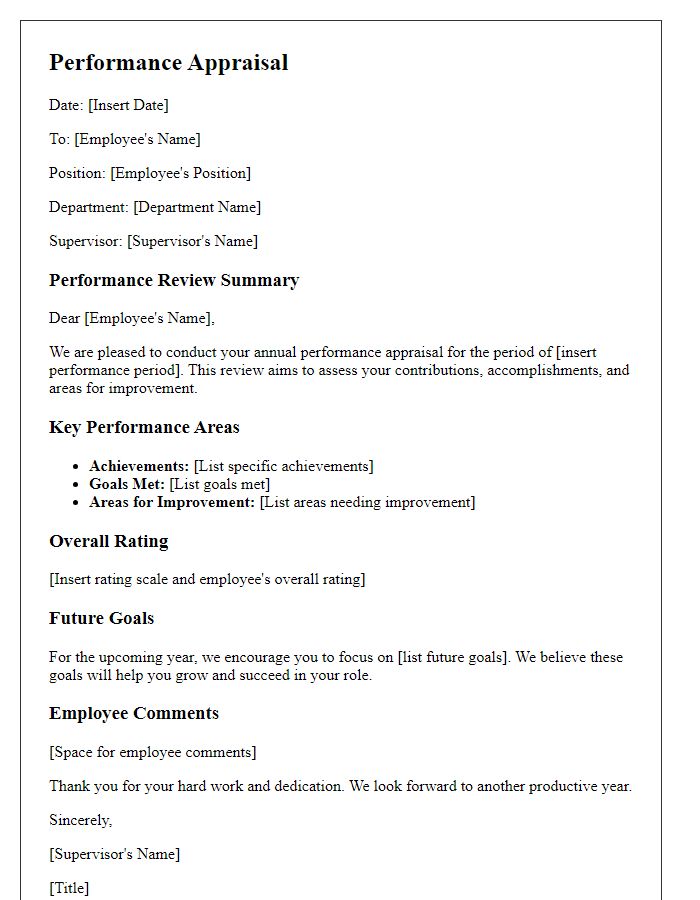 Letter template of performance appraisal documentation