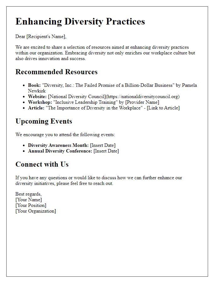 Letter template of resources for enhancing diversity practices