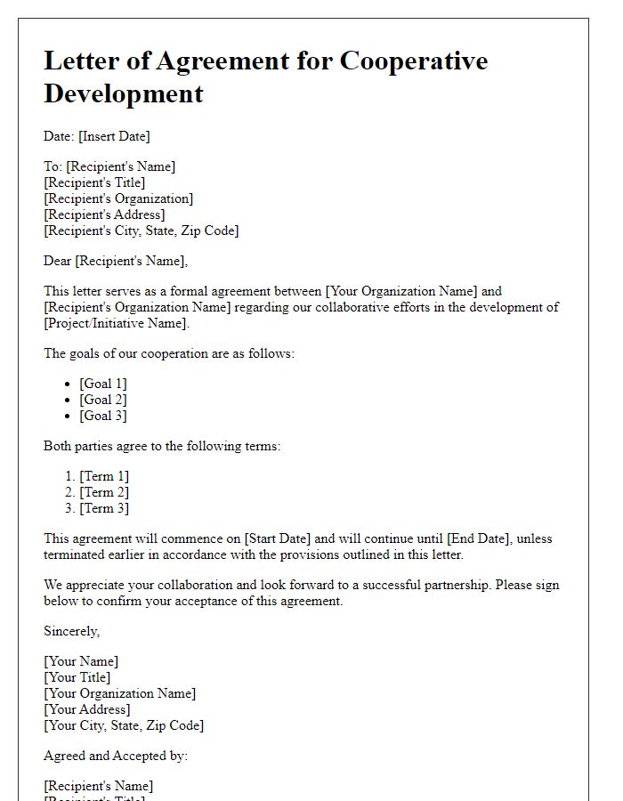 Letter template of agreement for cooperative development