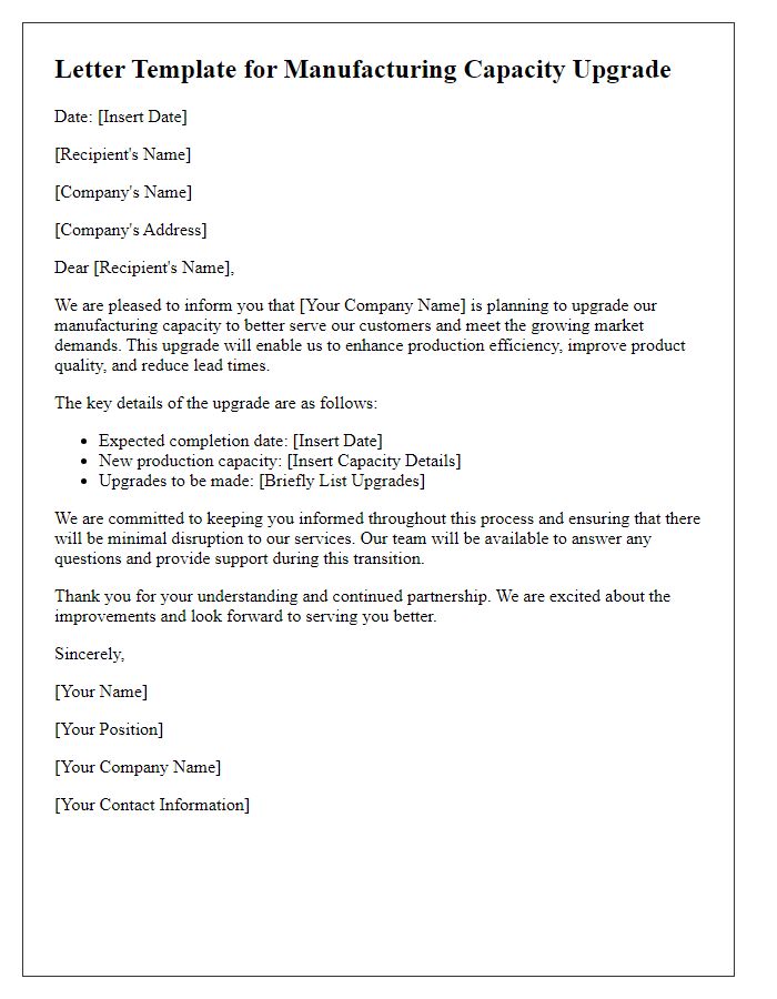 Letter template of manufacturing capacity upgrade