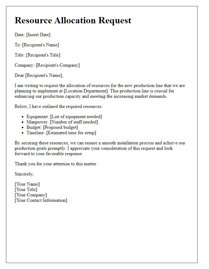 Letter template of resource allocation for new production line