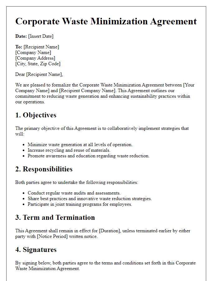 Letter template of Corporate Waste Minimization Agreement