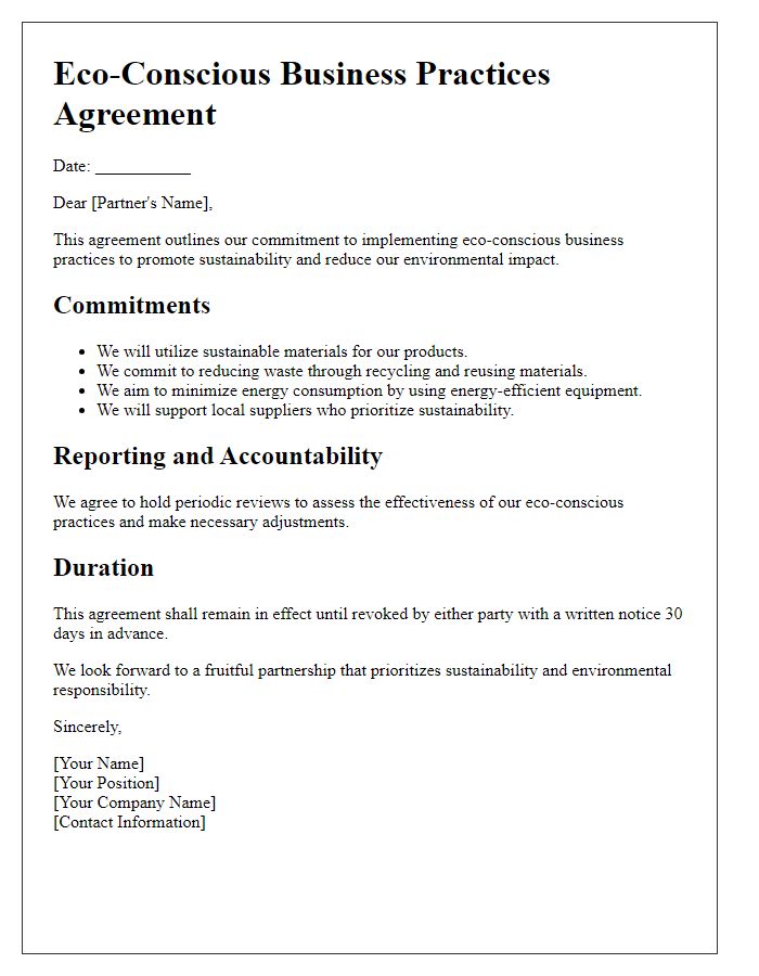 Letter template of Eco-Conscious Business Practices Agreement