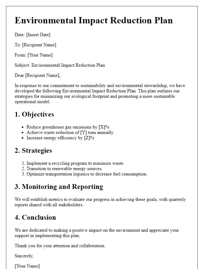 Letter template of Environmental Impact Reduction Plan