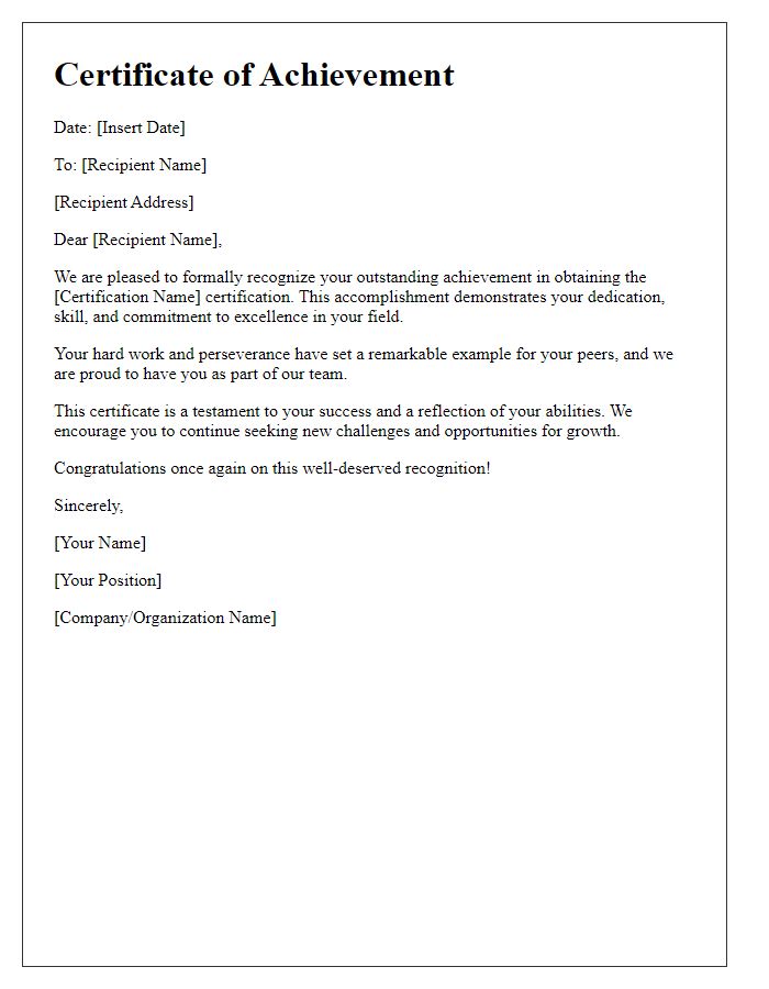 Letter template of achievement recognition for certification