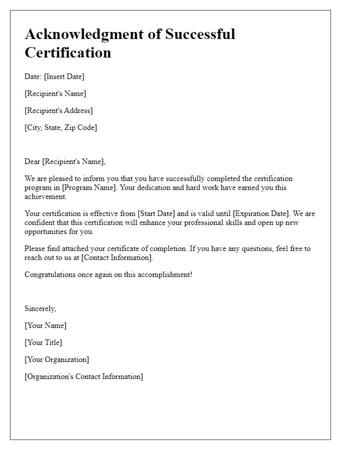 Letter template of acknowledgment for successful certification