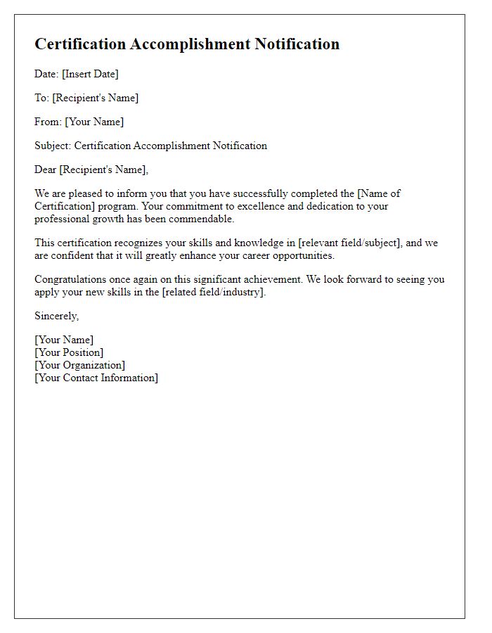 Letter template of certification accomplishment notification