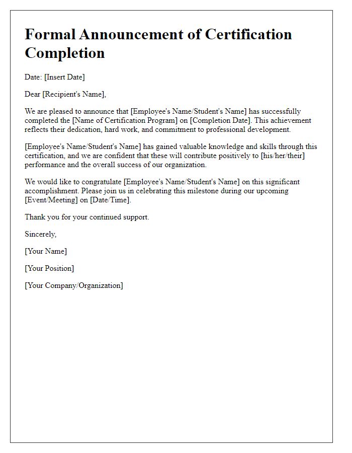 Letter template of formal announcement for certification completion