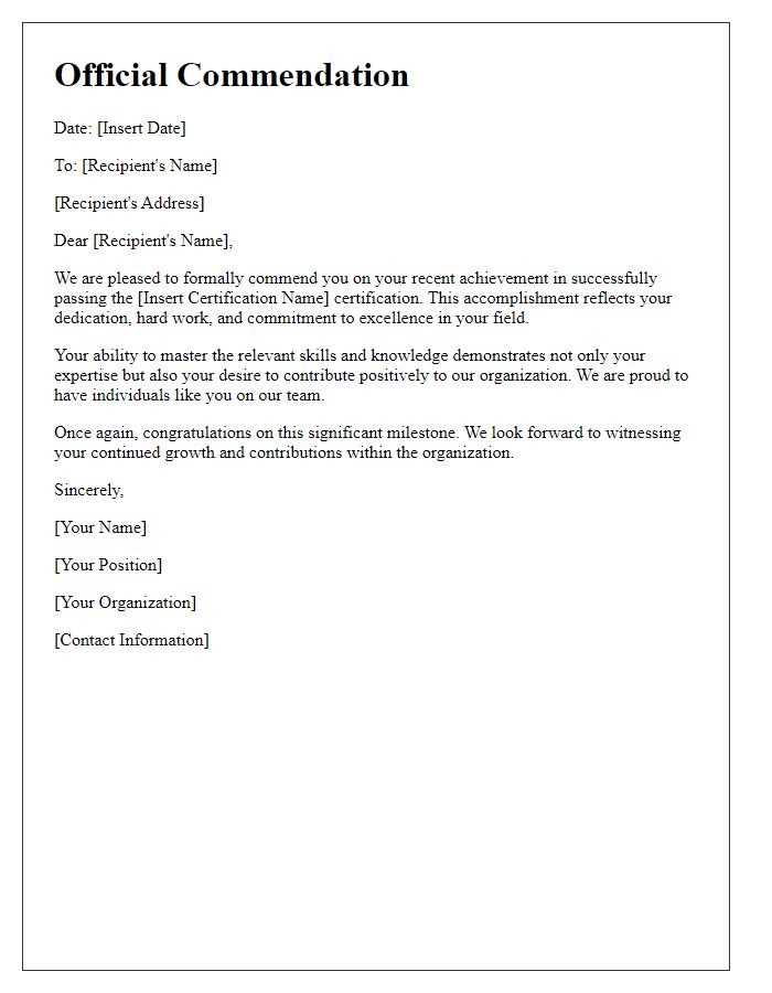 Letter template of official commendation for passed certification