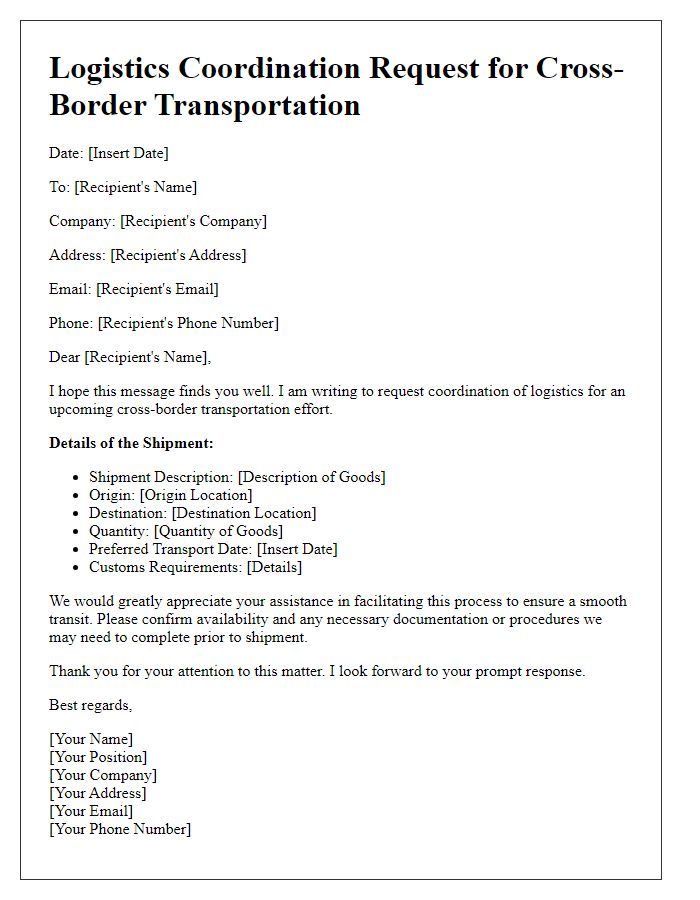 Letter template of logistics coordination request for cross-border transportation.