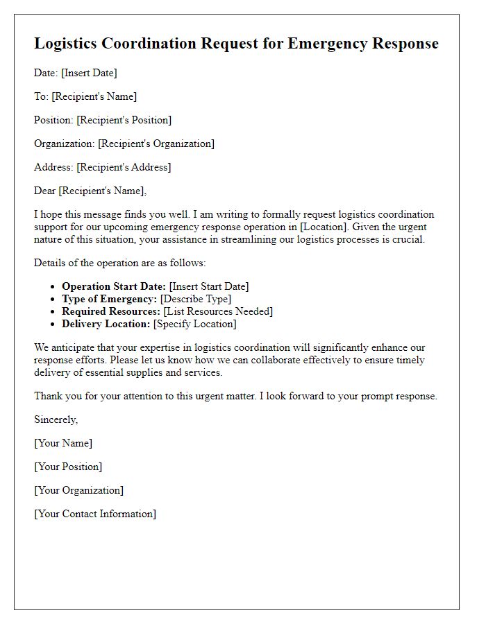 Letter template of logistics coordination request for emergency response logistics.