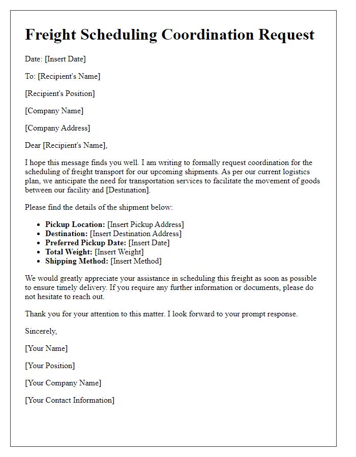 Letter template of logistics coordination request for freight scheduling.