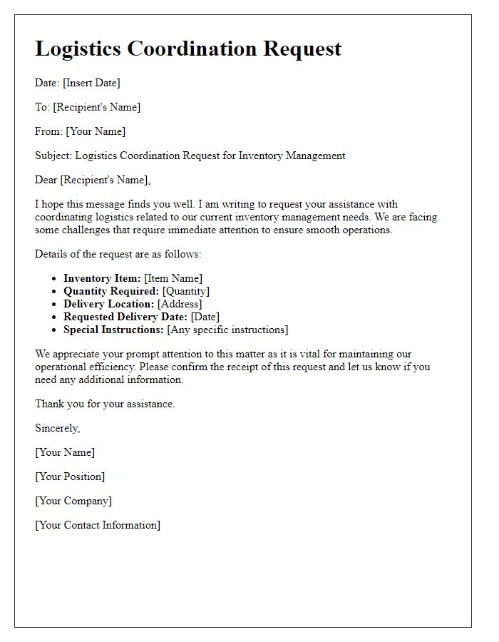 Letter template of logistics coordination request for inventory management.