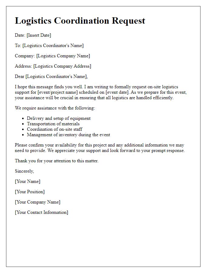 Letter template of logistics coordination request for on-site logistics support.