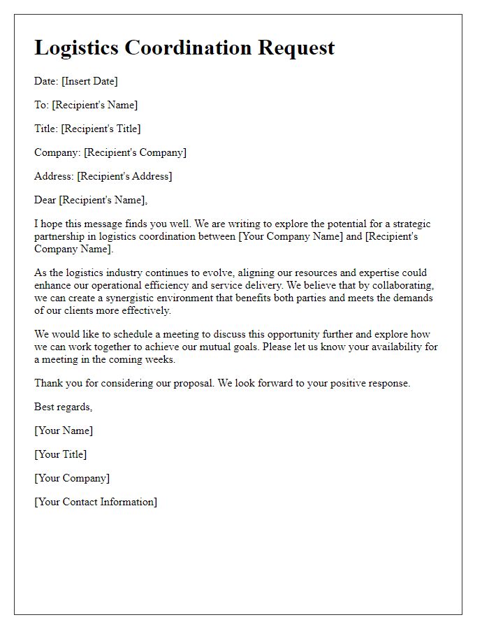 Letter template of logistics coordination request for strategic partnership in logistics.