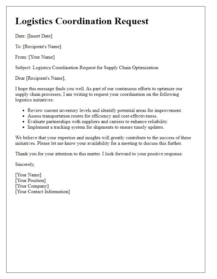 Letter template of logistics coordination request for supply chain optimization.