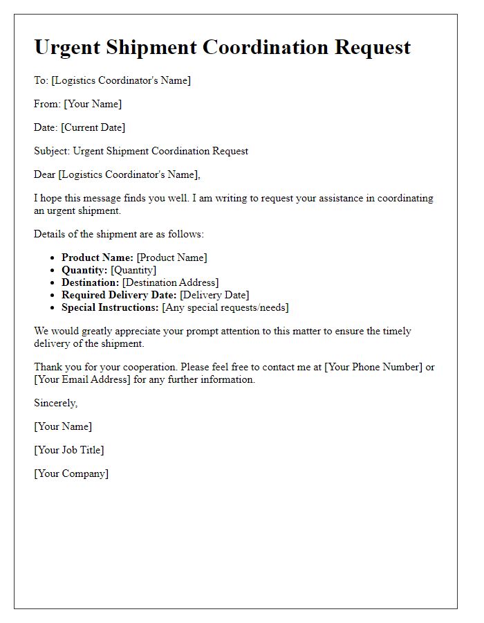 Letter template of logistics coordination request for urgent shipment.