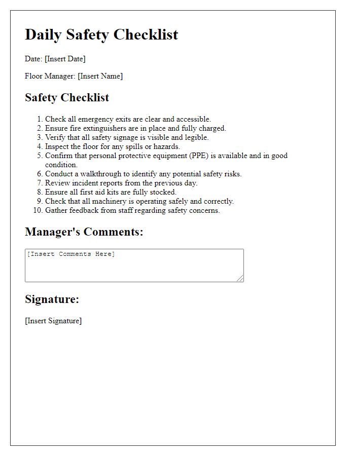 Letter template of daily safety checklist for floor managers