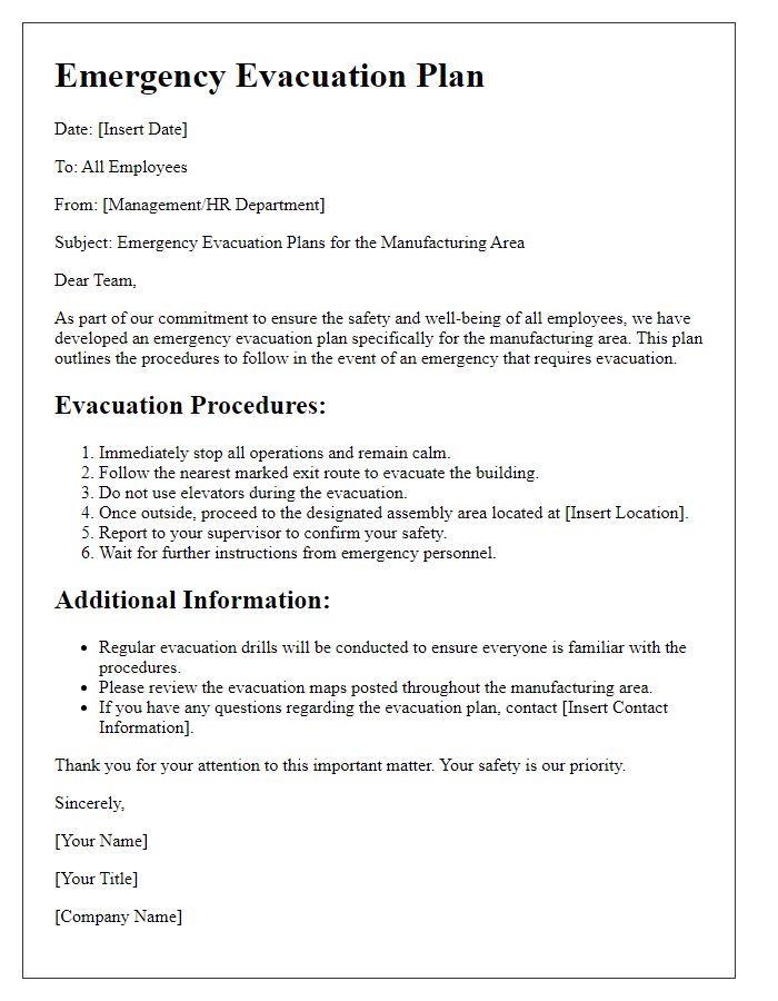 Letter template of emergency evacuation plans for the manufacturing area