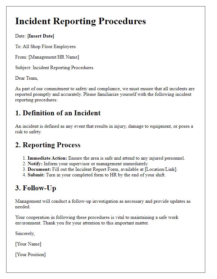 Letter template of incident reporting procedures for shop floor employees