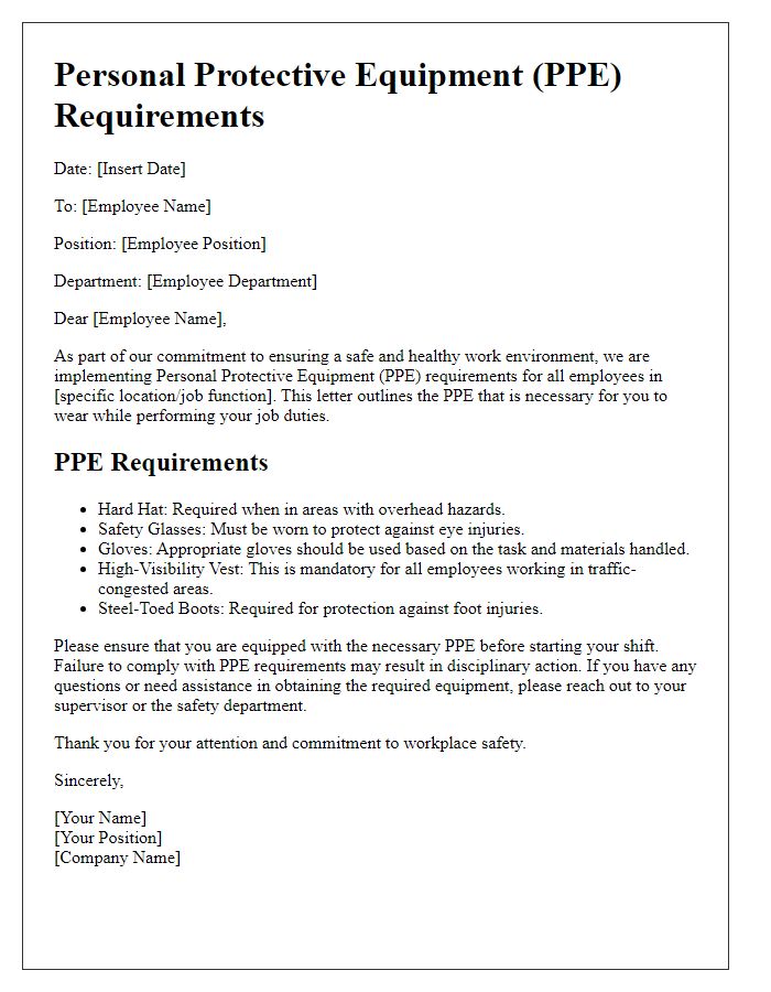 Letter template of personal protective equipment (PPE) requirements for workers