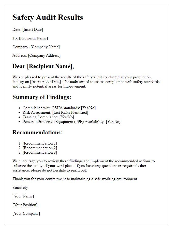 Letter template of safety audit results for production facilities