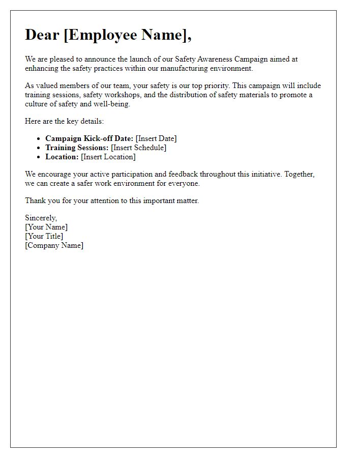 Letter template of safety awareness campaigns for manufacturing personnel