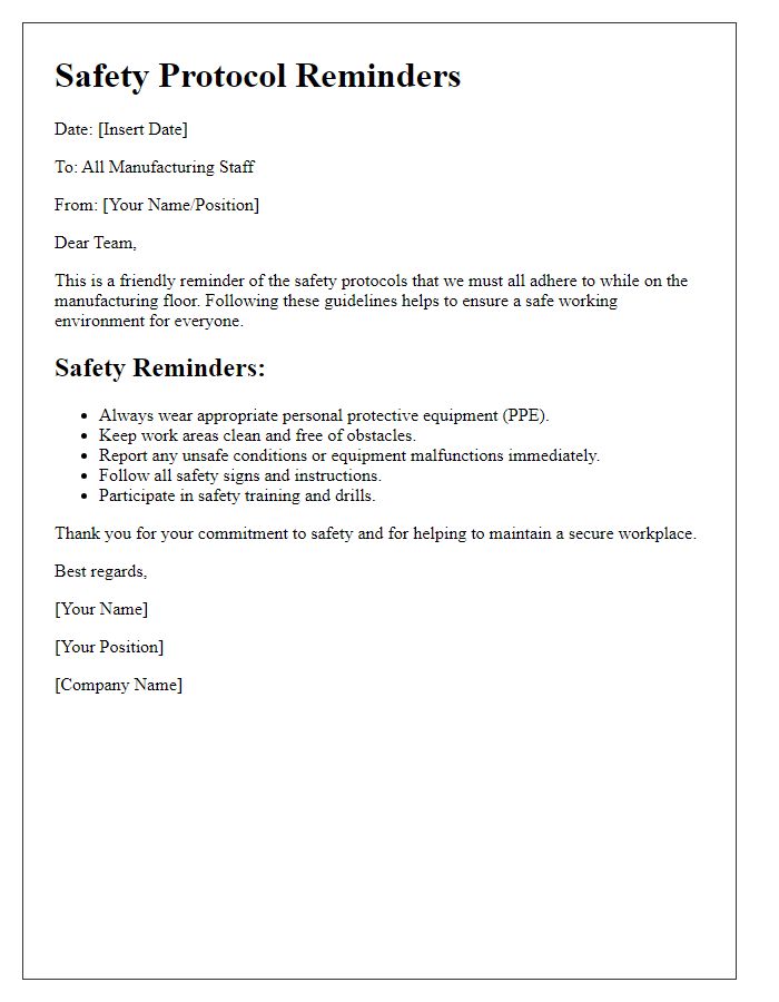 Letter template of safety protocol reminders for the manufacturing floor