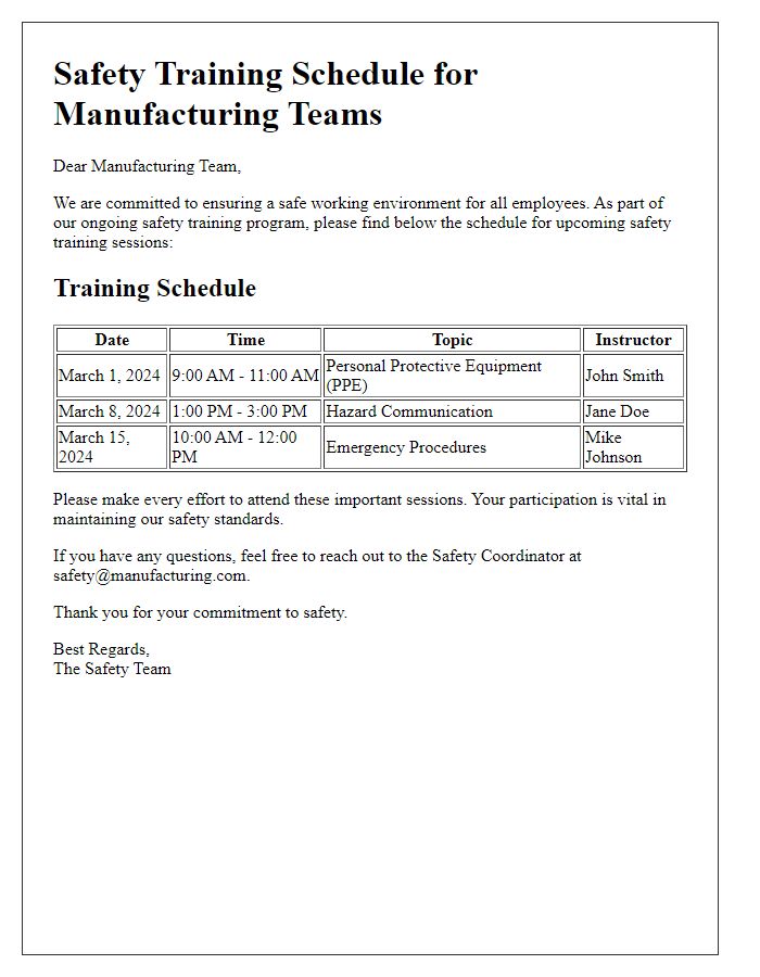 Letter template of safety training schedules for manufacturing teams