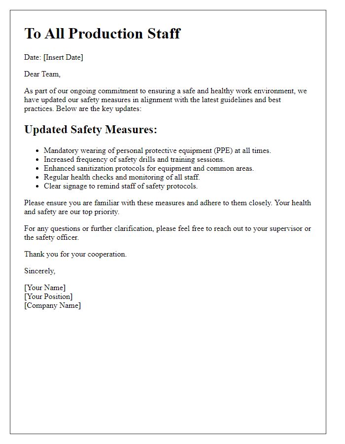 Letter template of updated safety measures for production staff