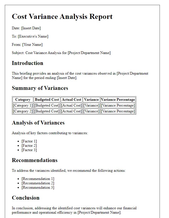 Letter template of cost variance analysis for executive briefing