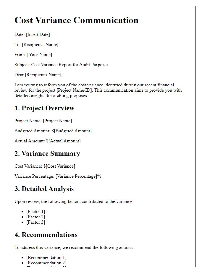 Letter template of cost variance communication for audit purposes