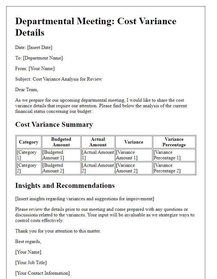 Letter template of cost variance details for departmental meeting