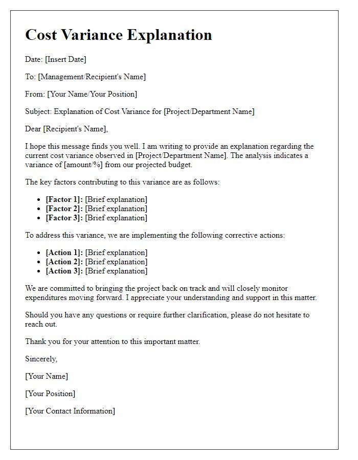 Letter template of cost variance explanation for management review