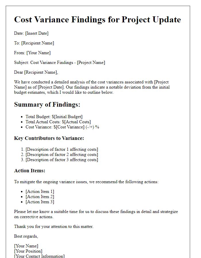 Letter template of cost variance findings for project update