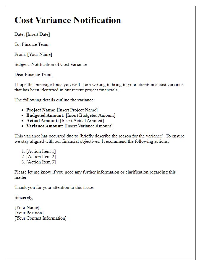 Letter template of cost variance notification to finance team