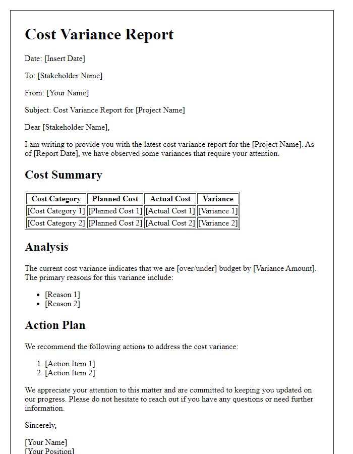 Letter template of cost variance report for project stakeholders