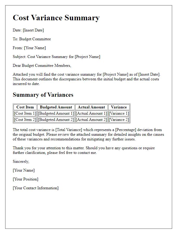 Letter template of cost variance summary for budget committee