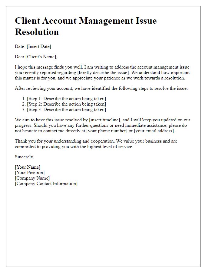 Letter template of client account management issue resolution